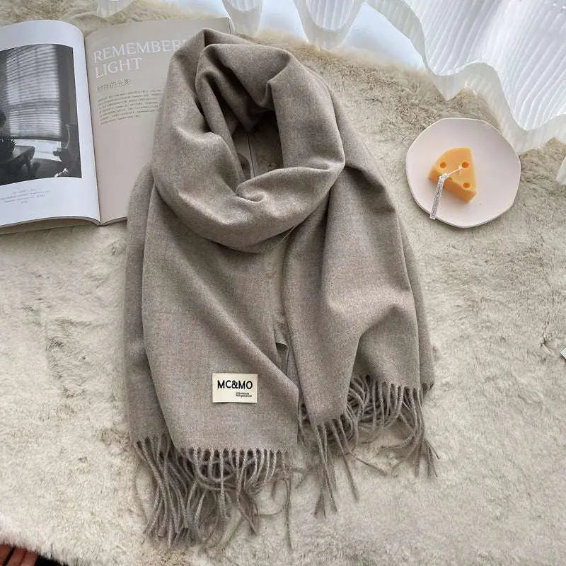 Gray Cashmere Scarf Feel Solid Color Tassel Shawl Long Monochrome