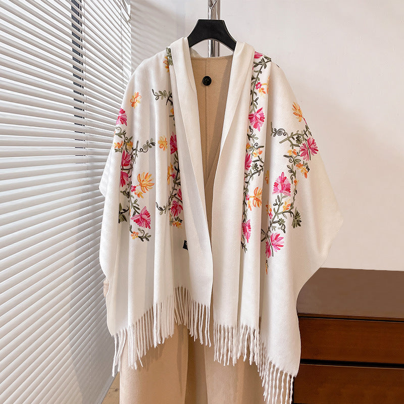 Light Gray Autumn And Winter Thick Simple Flower Embroidery Cashmere-like Ethnic Style Warm Scarf