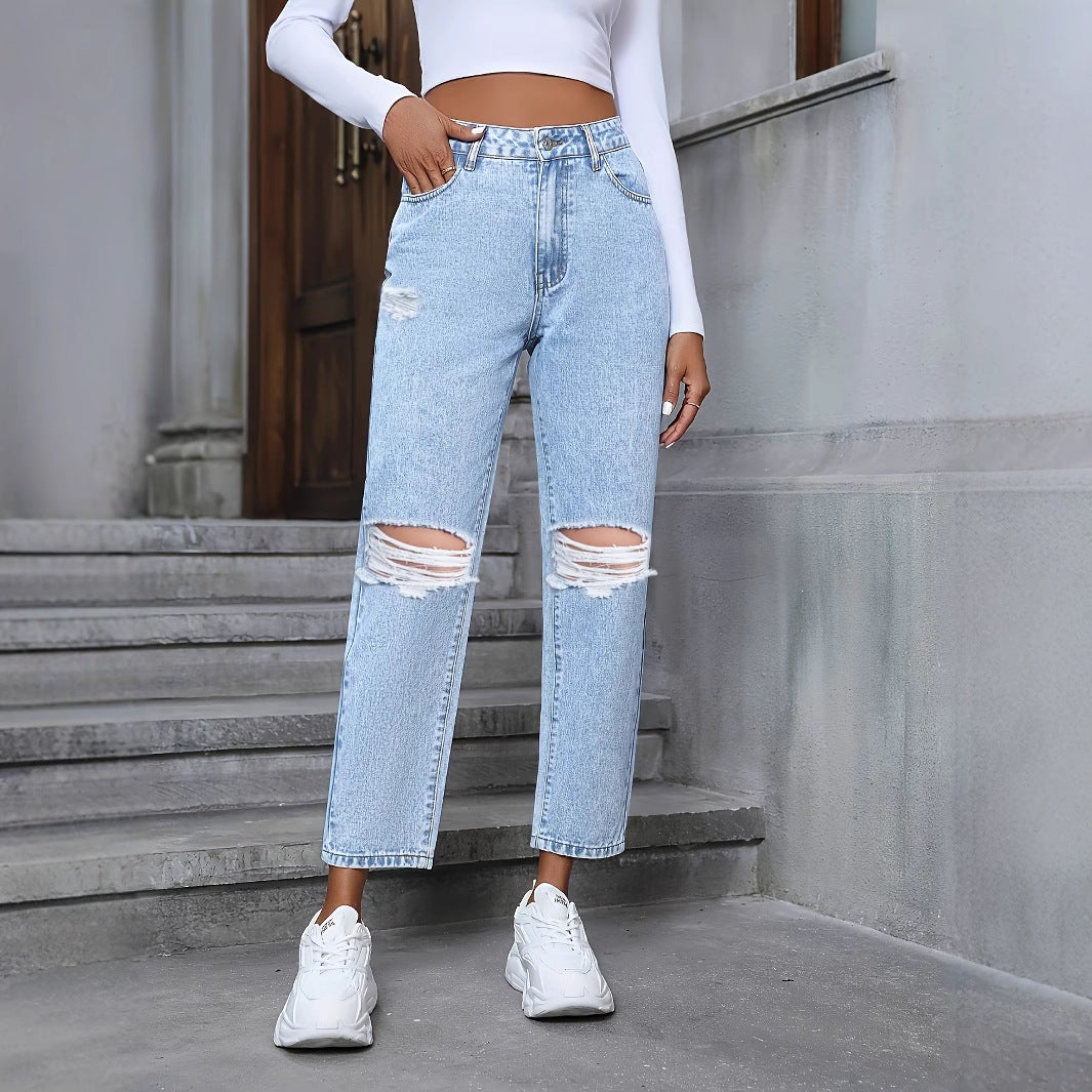 Light Slate Gray Women's Casual Loose Straight Ripped Denim Trousers