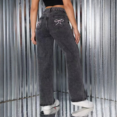 Dim Gray Embroidered Jeans High Waist Straight Loose Casual Trousers Women