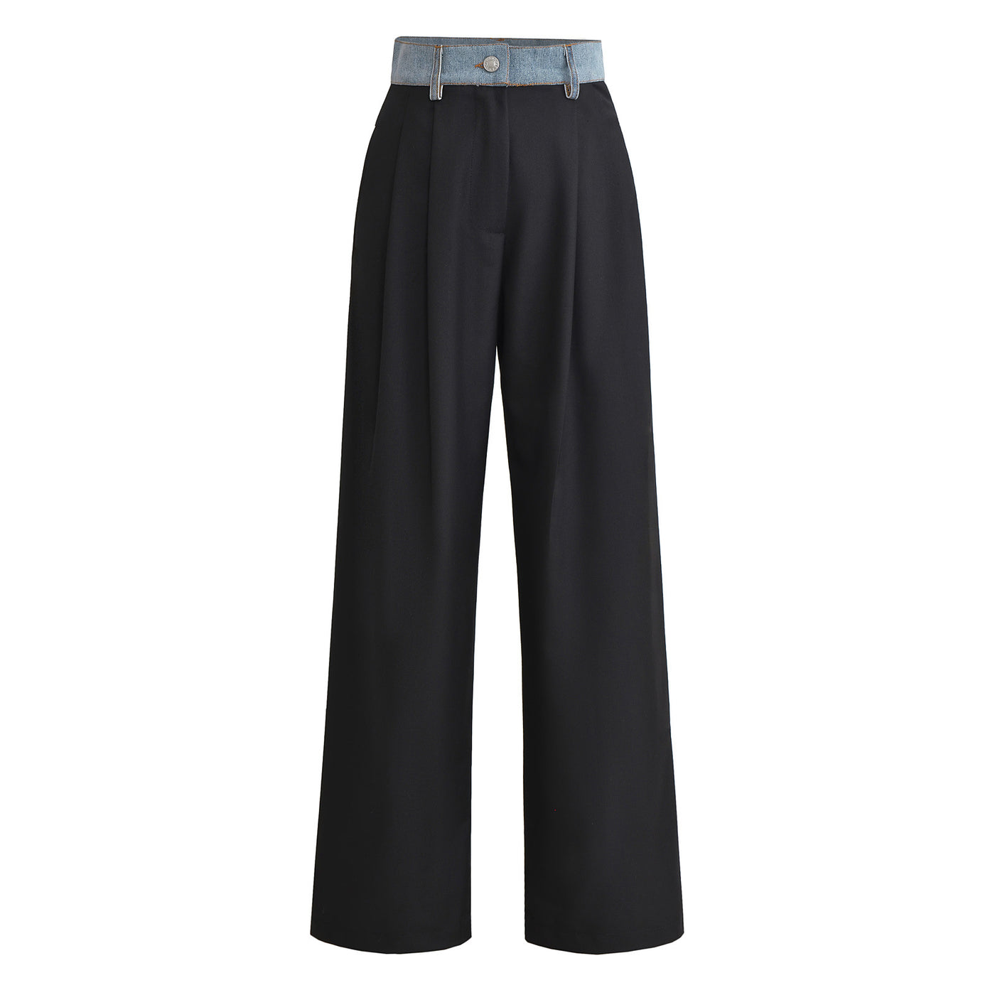 Dark Slate Gray Color Contrast Patchwork Denim Waist High Waist Loose Straight Casual Pants
