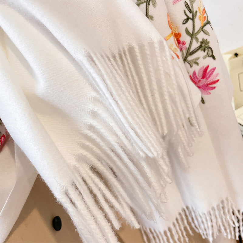 Light Gray Autumn And Winter Thick Simple Flower Embroidery Cashmere-like Ethnic Style Warm Scarf
