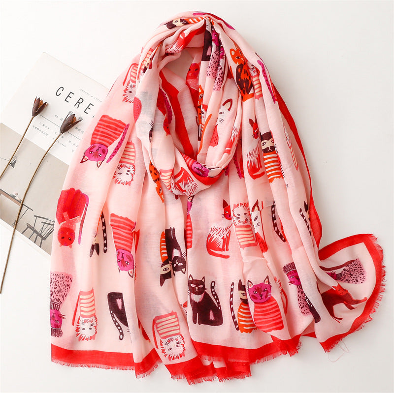 Antique White Cute Kitten Paradise Printed Silk Scarf