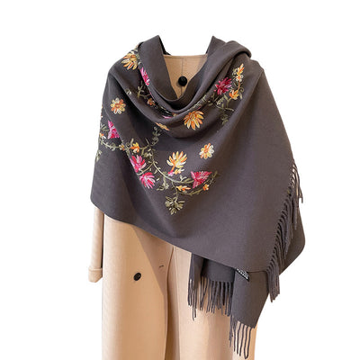 Dark Slate Gray Autumn And Winter Thick Simple Flower Embroidery Cashmere-like Ethnic Style Warm Scarf