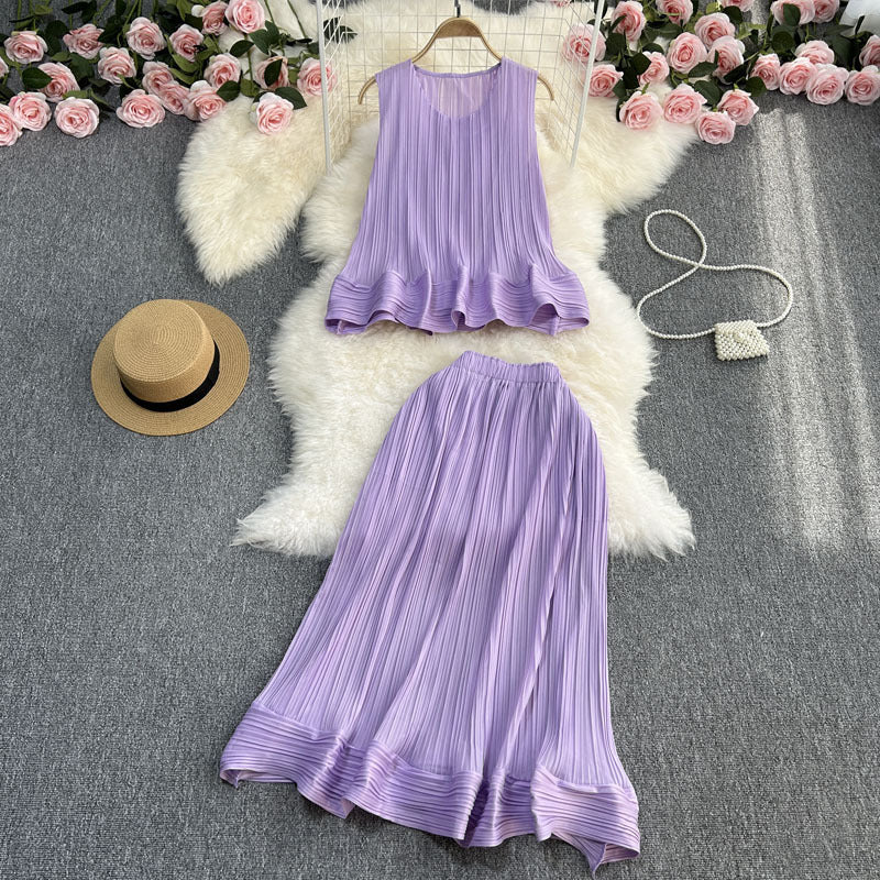 Slate Gray Casual Elegance Sleeveless Ruffled Loose Top And Skirt Two-piece Set