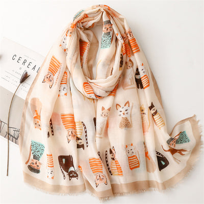 Light Gray Cute Kitten Paradise Printed Silk Scarf
