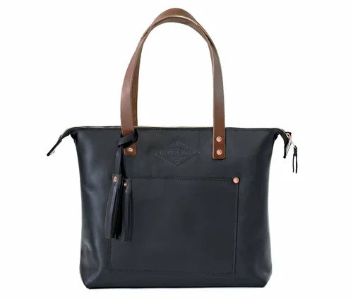 Black leather tote bag with brown straps and front zipper pocket, Oxford style