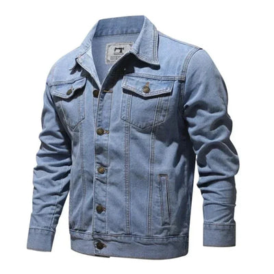 Light blue denim jacket with button front and chest pockets on white background