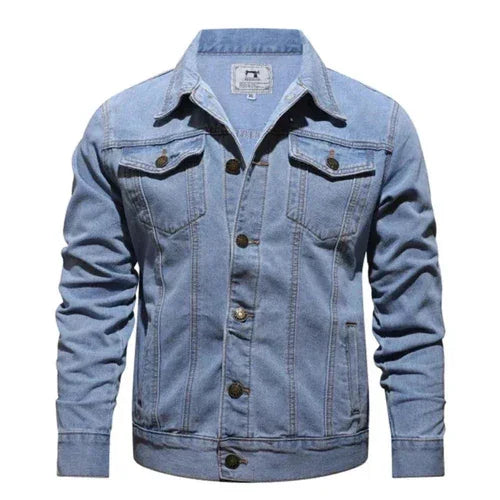 Classic light blue denim jacket with button-up front and chest flap pockets