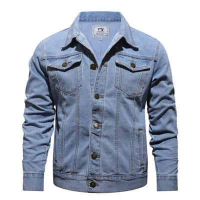 Classic light blue denim jacket with button-up front and chest flap pockets
