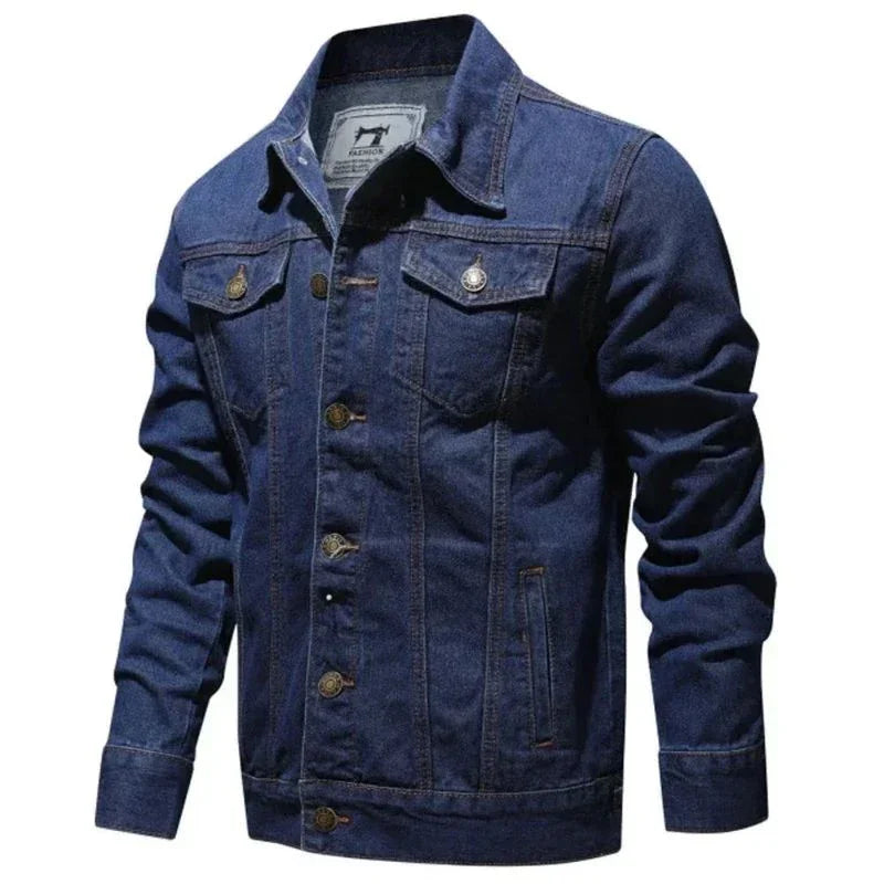 Classic blue denim jacket with button front and chest pockets on white background
