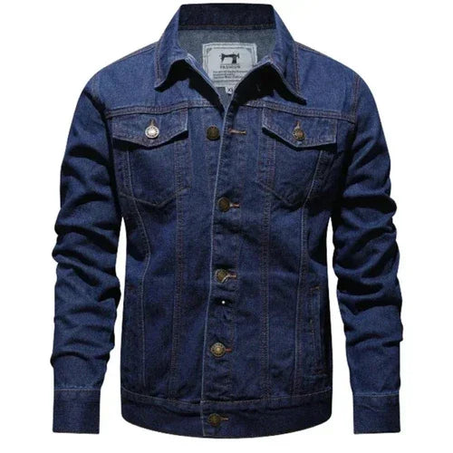 Men's classic blue denim jacket with button front and chest pockets