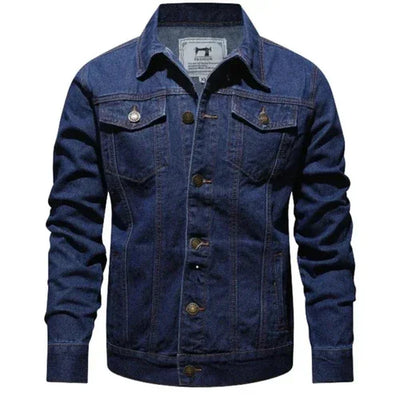 Men's classic blue denim jacket with button front and chest pockets