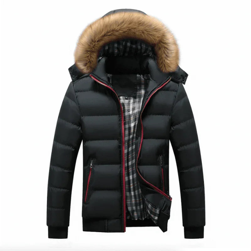 Black puffer jacket with fur hood and plaid lining, winter coat, front view