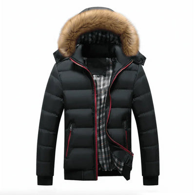 Black puffer jacket with fur hood and plaid lining, winter coat, front view