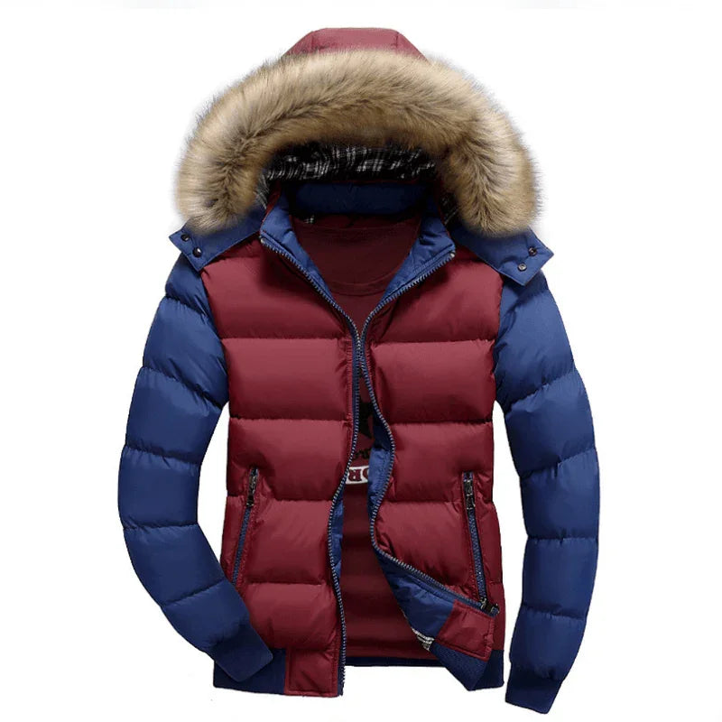 Men’s winter puffer jacket, maroon body with blue sleeves, fur hood, stylish outerwear