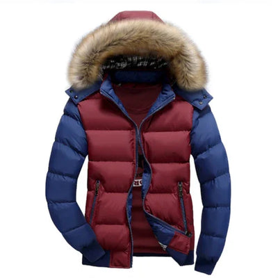 Men's winter puffer jacket with blue sleeves, maroon body, and faux fur hood