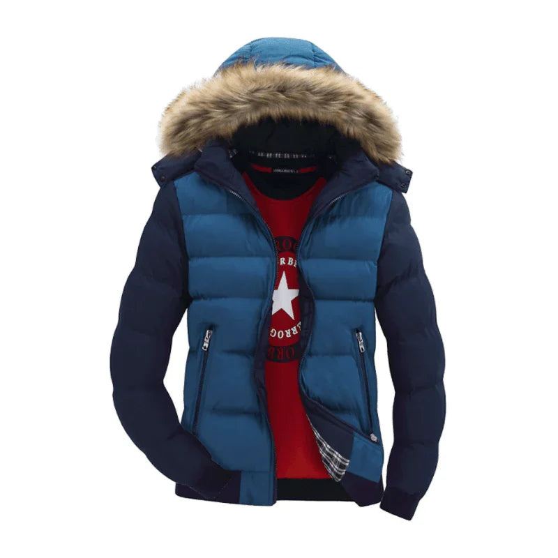 Blue puffer jacket with fur hood, navy sleeves, and red shirt underneath on white background