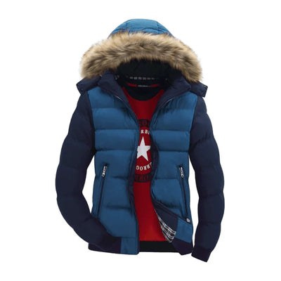 Blue puffer jacket with fur hood, navy sleeves, and red shirt underneath on white background