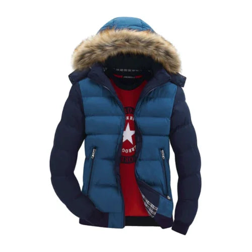 Blue puffer jacket with faux fur hood, red graphic t-shirt underneath, front view