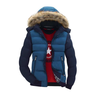 Blue puffer jacket with faux fur hood, red graphic t-shirt underneath, front view