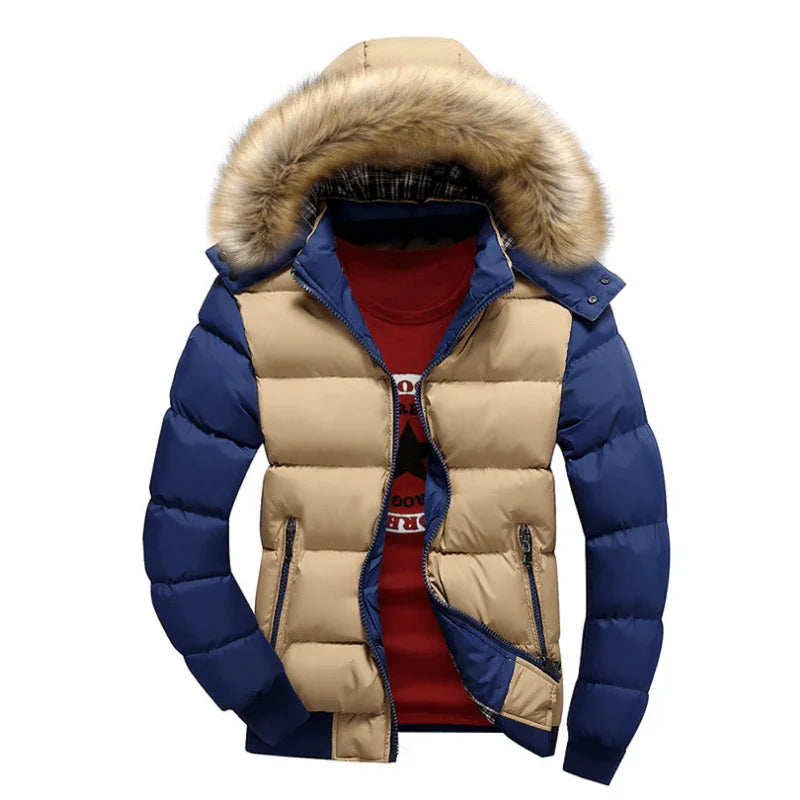 Men's two-tone puffer jacket with fur hood, blue and beige, zippered pockets, winter coat