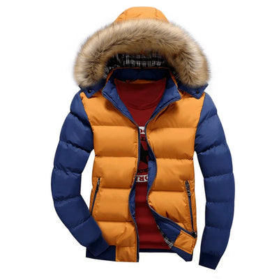 Men's winter puffer jacket with blue sleeves, orange body, faux fur hood, front zipper