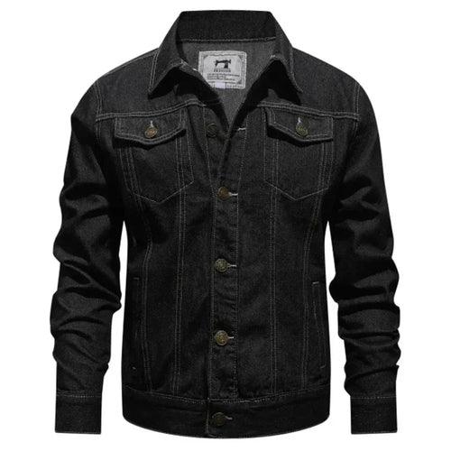 Black denim jacket for men with button closure and chest pockets