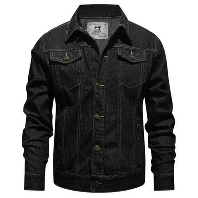 Black denim jacket for men with button closure and chest pockets