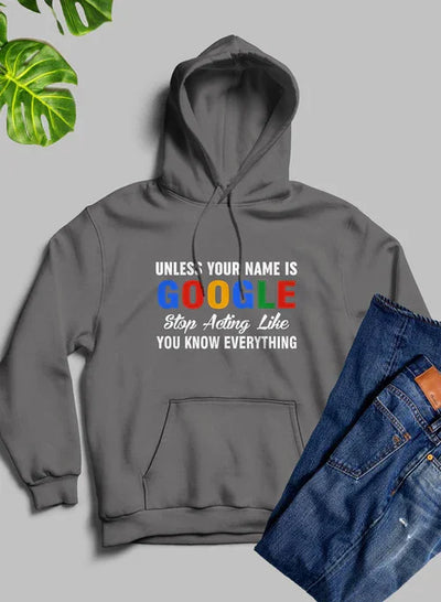 Gray hoodie with Google-themed text, jeans, and green leaves on a gray background