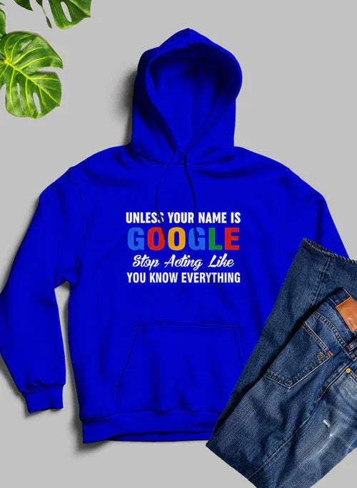 Blue hoodie with Google-inspired quote, jeans, and green leaves on gray background