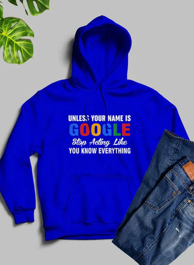Blue hoodie with Google-inspired quote, jeans, and green leaves on gray background