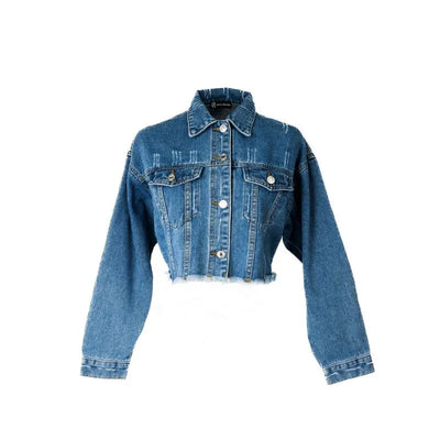 Blue cropped denim jacket with long sleeves and frayed hem on white background