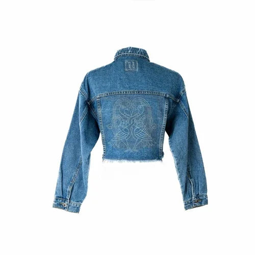 Cropped blue denim jacket with engraved back design on white background