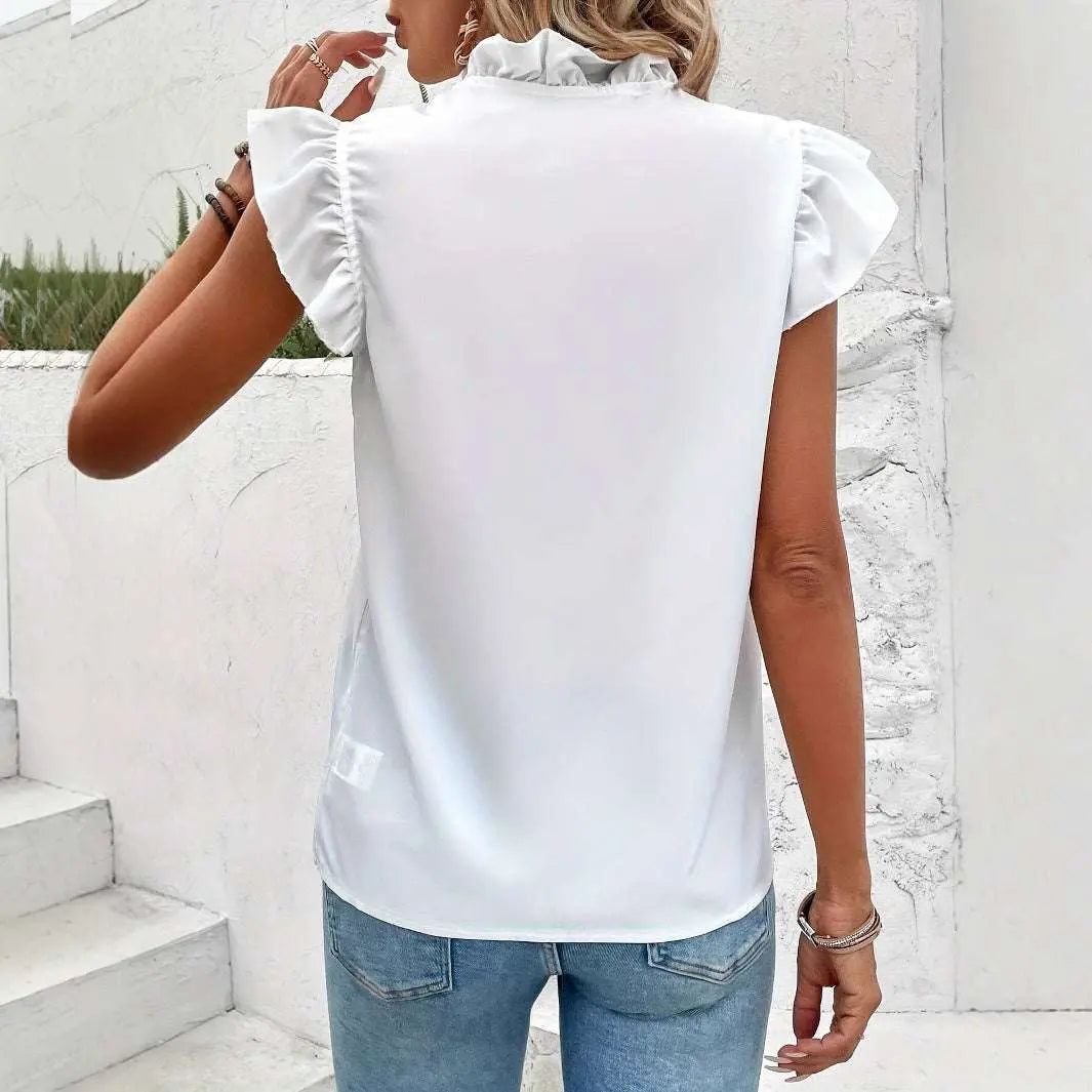Light Gray Women's Solid Color Top Ruffled Edge V-neck Flying Sleeve Ruffled Lace Top