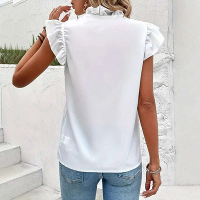 Light Gray Women's Solid Color Top Ruffled Edge V-neck Flying Sleeve Ruffled Lace Top