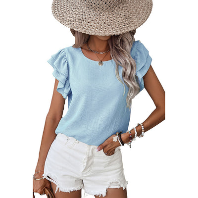 Gray Summer Solid Color Petal Sleeve Pullover Women