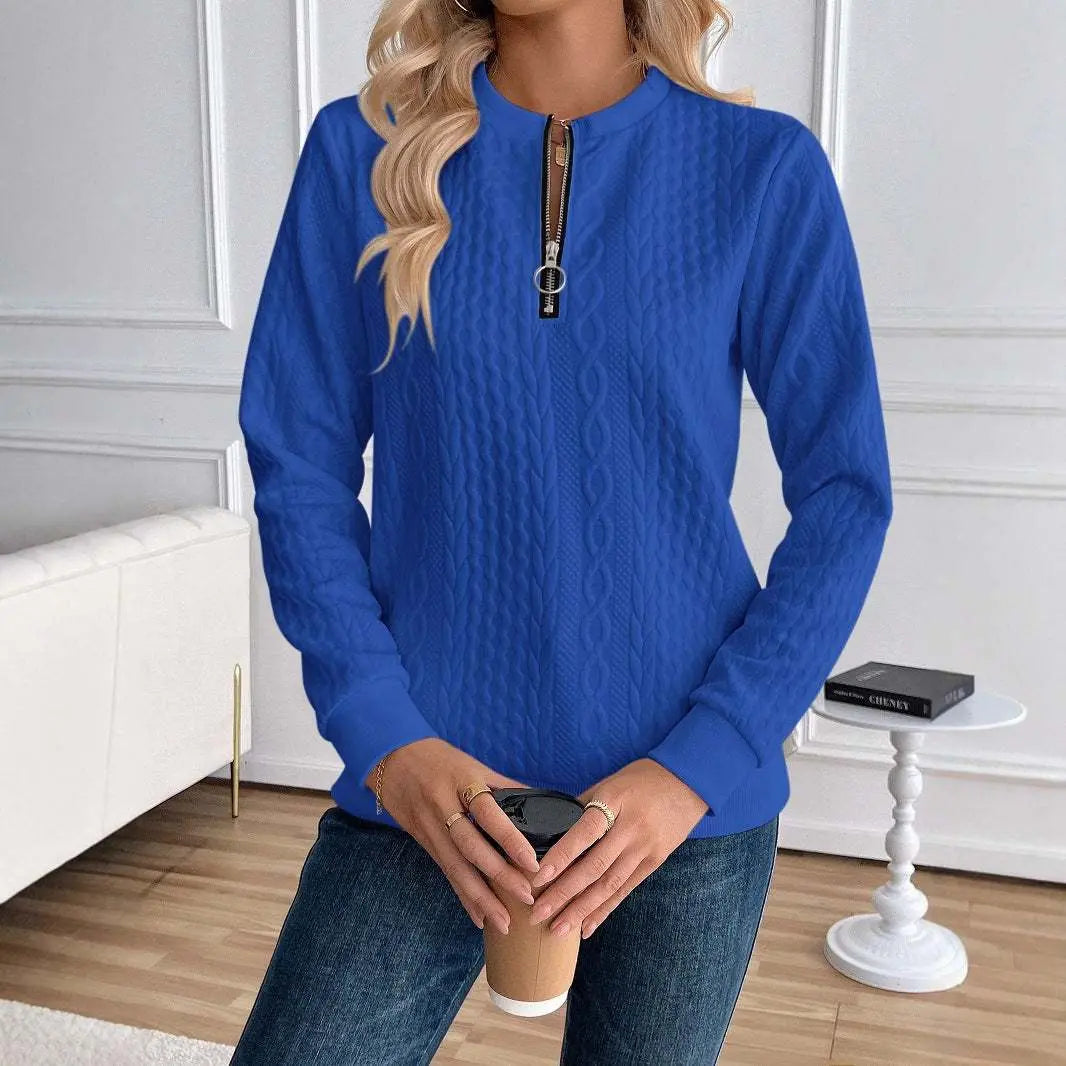 Midnight Blue Women's Loose Casual Pullover Half Zipper Long Sleeve Solid Color Texture Round Neck Hoodie For Women