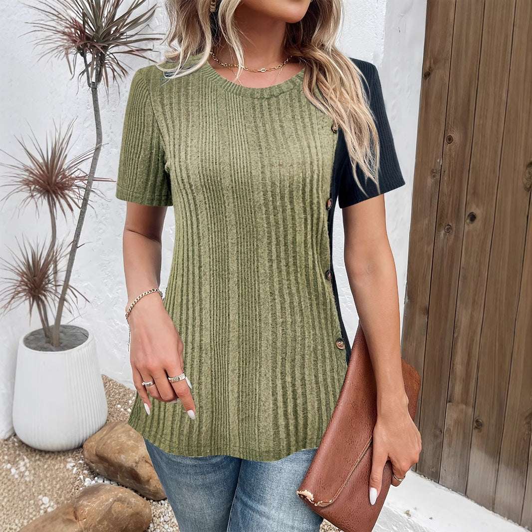 Dim Gray Women's Fashion Fake Button Contrasting Short Sleeved Pullover Top