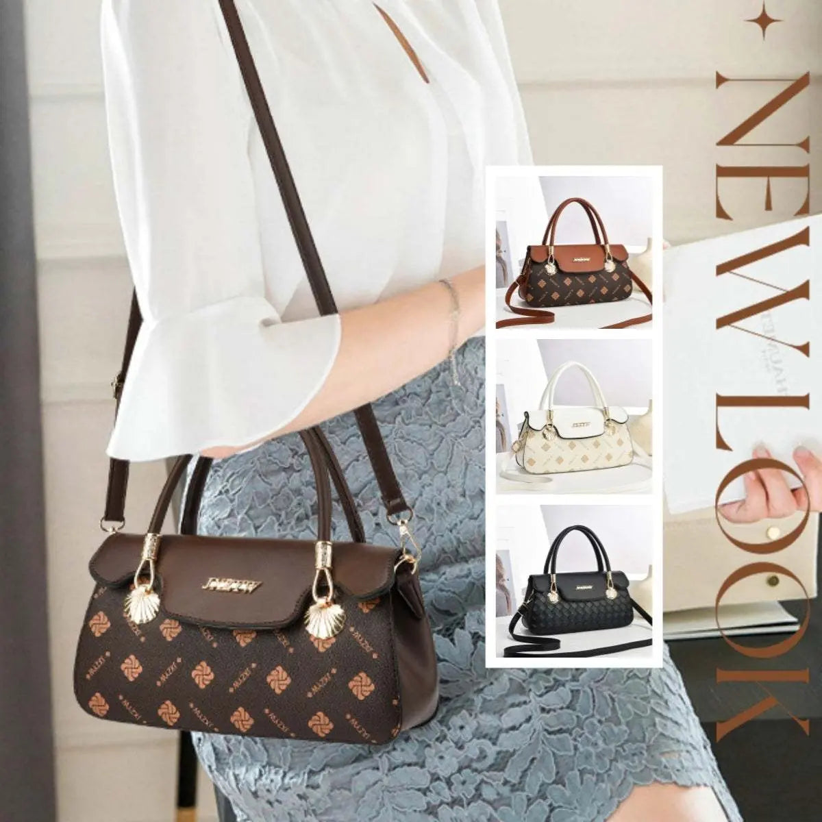 Vintage exquisite letter-printed women's handbag in brown, khaki beige, and black colors, showcasing stylish and casual design.