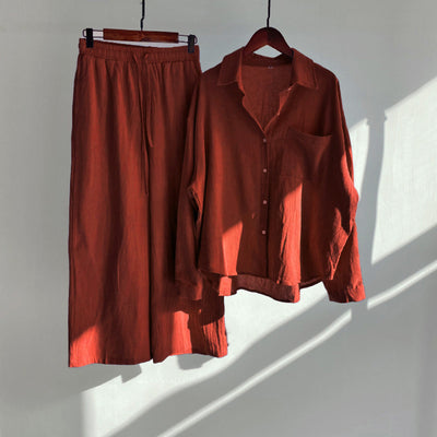 Dark Gray Cotton And Linen Shirt Outfit Waist Loose Trousers
