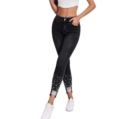 Dark Slate Gray Women's High Waist Stretch Denim Trousers Pearl Ripped Tassel
