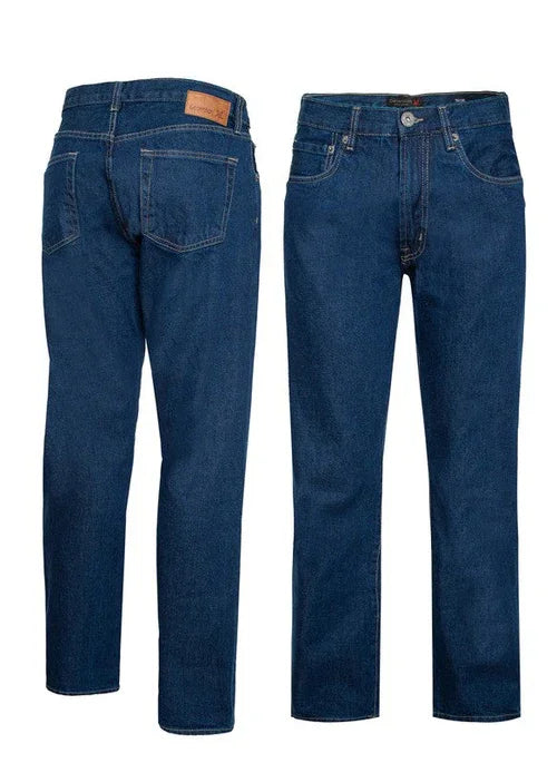 Classic blue straight leg jeans front and back views, denim pants with leather patch