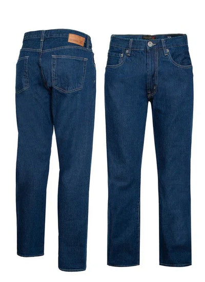 Classic blue straight leg jeans front and back views, denim pants with leather patch