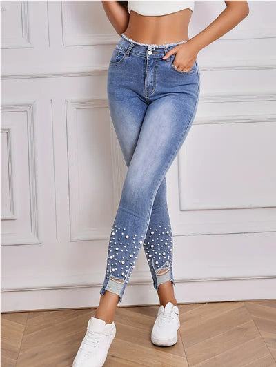 Gray Women's High Waist Stretch Denim Trousers Pearl Ripped Tassel