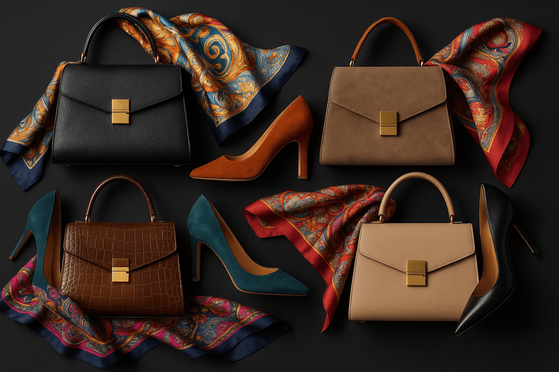 dark background fashion accessories handbags scarves and heels