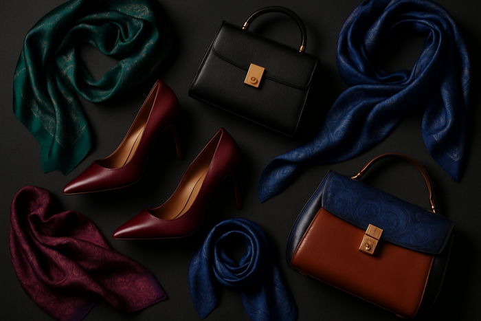 Dark background luxury heels scarves and handbags