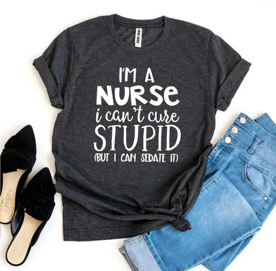 Funny nurse quote t-shirt with jeans and black flats, flat lay fashion photo.