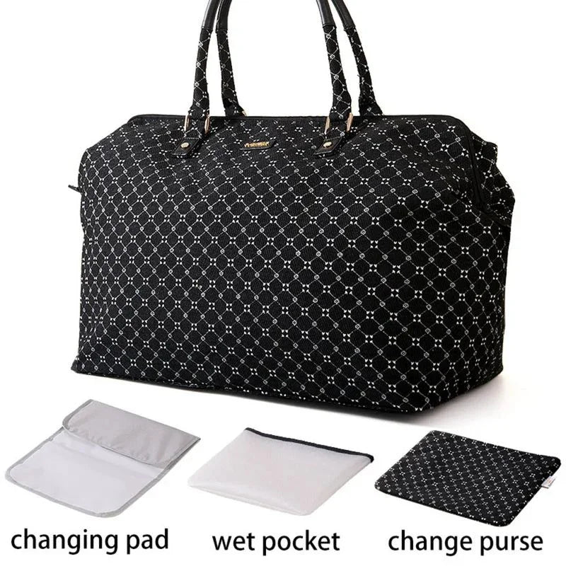 Black patterned diaper bag with changing pad, wet pocket, and matching change purse