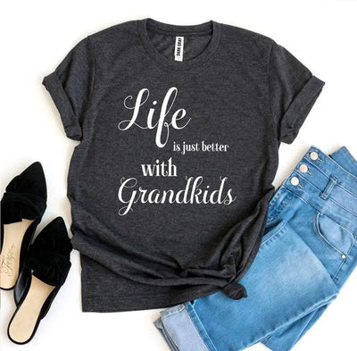 Dark gray t-shirt with 'Life is just better with Grandkids' message, blue jeans, black flats